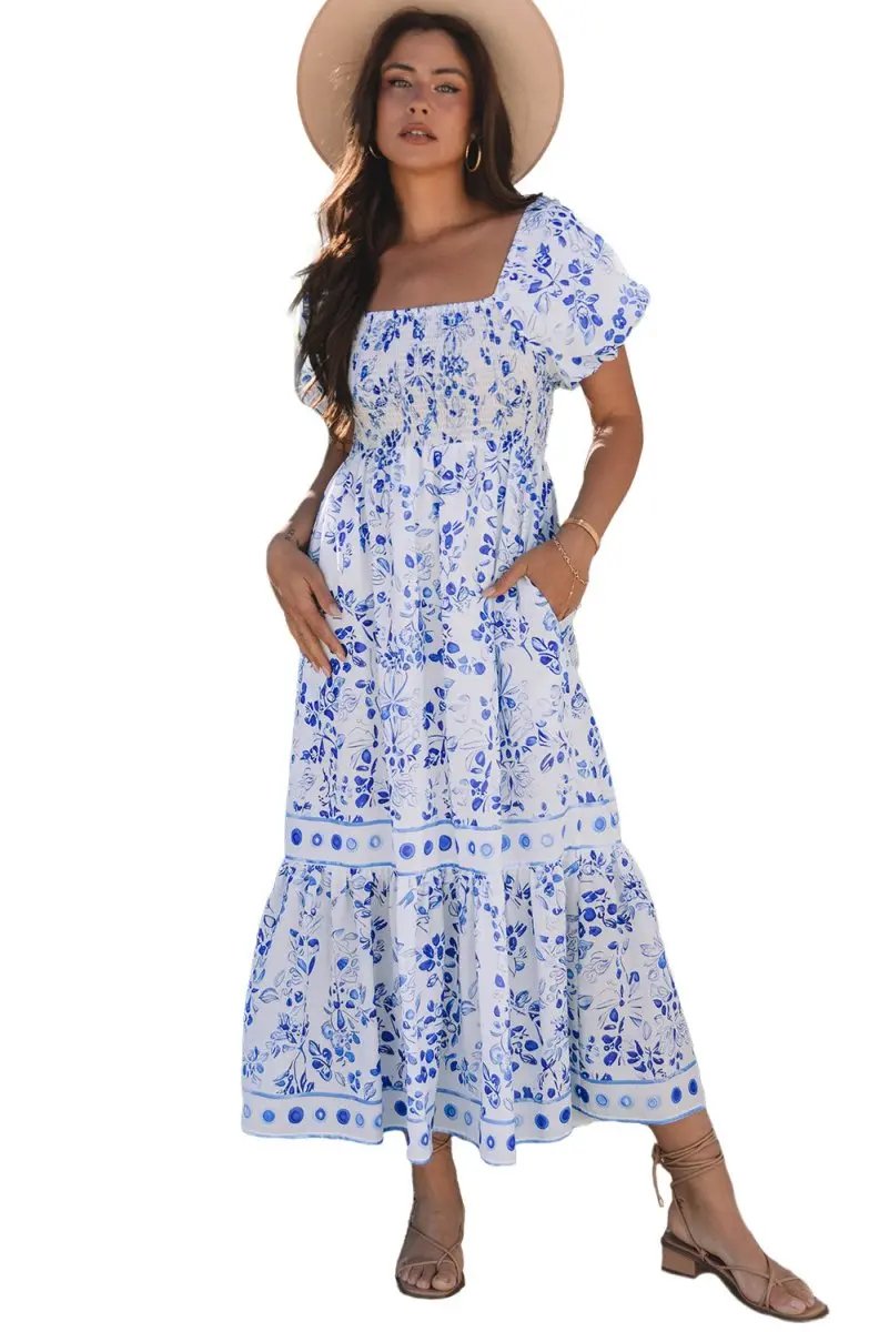 Sky Blue Floral Print Square Neck Bubble Sleeve Dress - Love Salve
